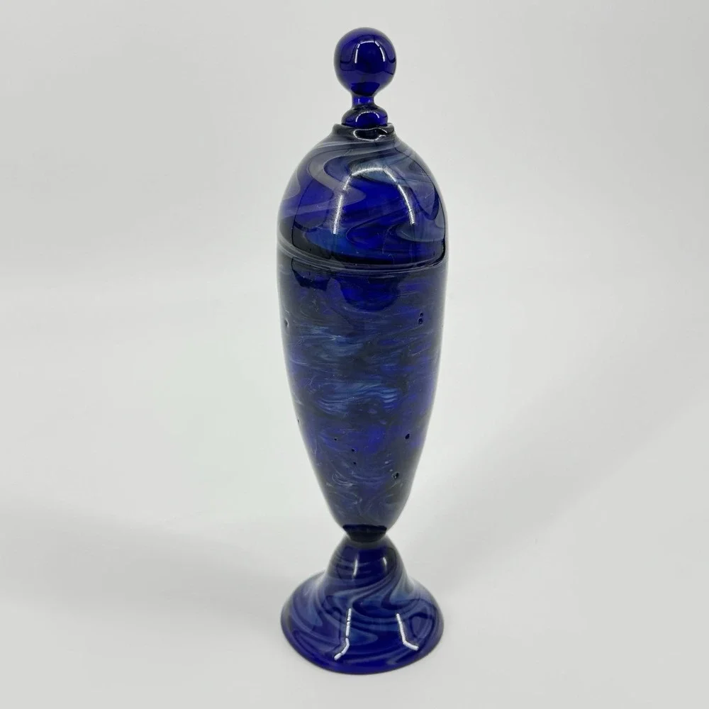 Hand Blown Cobalt Blue Art Glass Lidded Urn Vase Swirl Studio Decor Boho Coastal